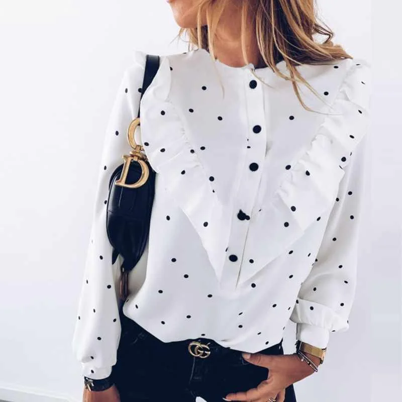

Spring Lady Autumn Long Sleeve Polka Dot Ruffle Blouse Elegant Casual O Neck Buttons Pullover Women streetwear, As pictures