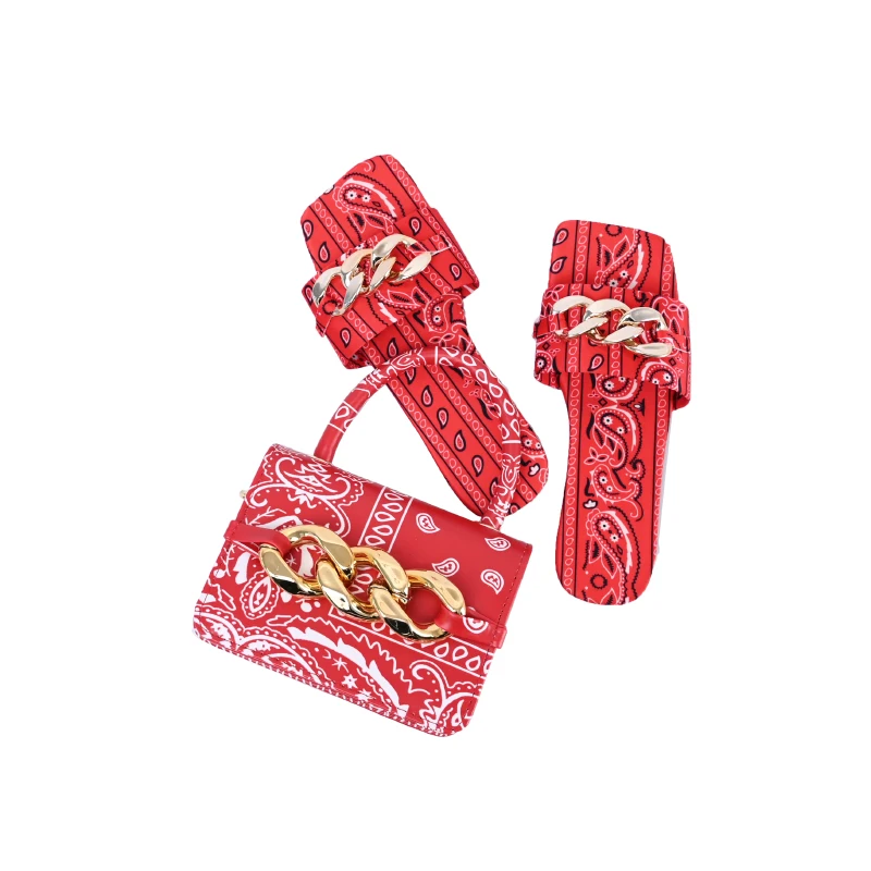 

Women Bandana hand bag Luxury Crossbody Chain Handbags Ladies Matching Slippers Quilted Paisley Sling Bag Purse and slides Sets, 3 colors