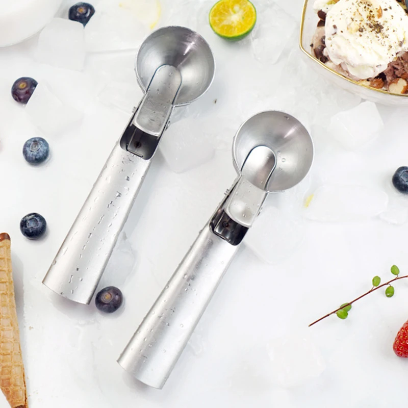 

High Quality Large Multifunctional spoon Ice Cream Tools With Trigger Stainless Steel Ice Cream Scoop, Natural