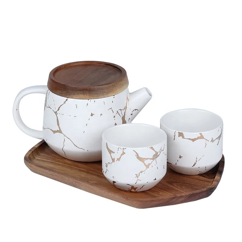 

Nordic Marble Tea Set Porcelain Kettle Coffee & Tea Set With Wooden Tray Ceramic Tea Pot And Cup Set, White/black