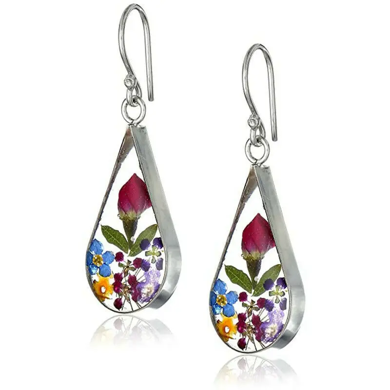

Wholesale Elegant Resin Multicolor Jewelry Natural Red Pressed Dry Flower Teardrop Hook Drop Earrings