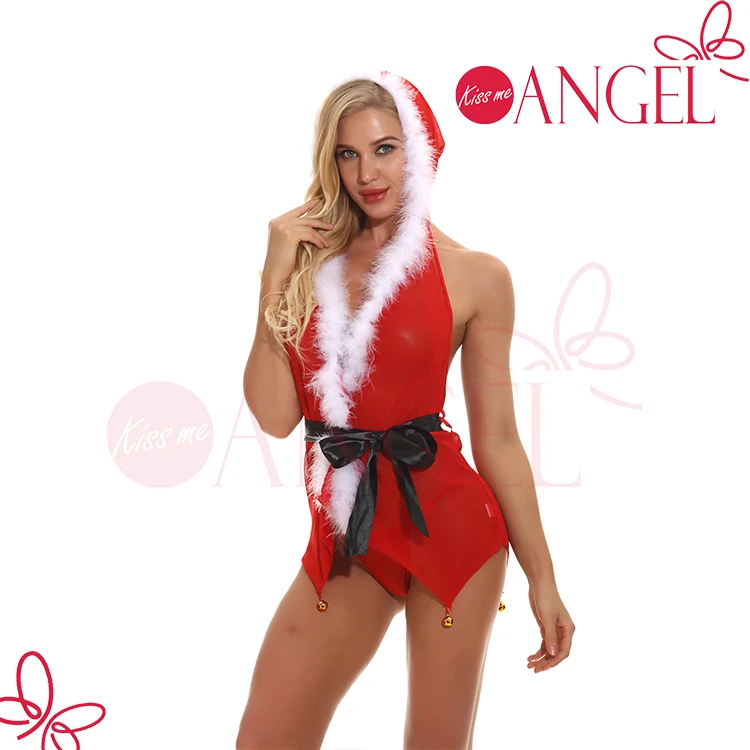 

KISS ME ANGEL sleeveless open type babydoll white fuzzy cap belt female exotic women sexy lingerie g string, Red