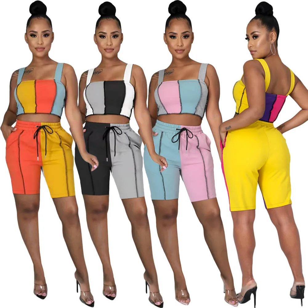 

2021 summer color block tank top two piece biker short set, As shown