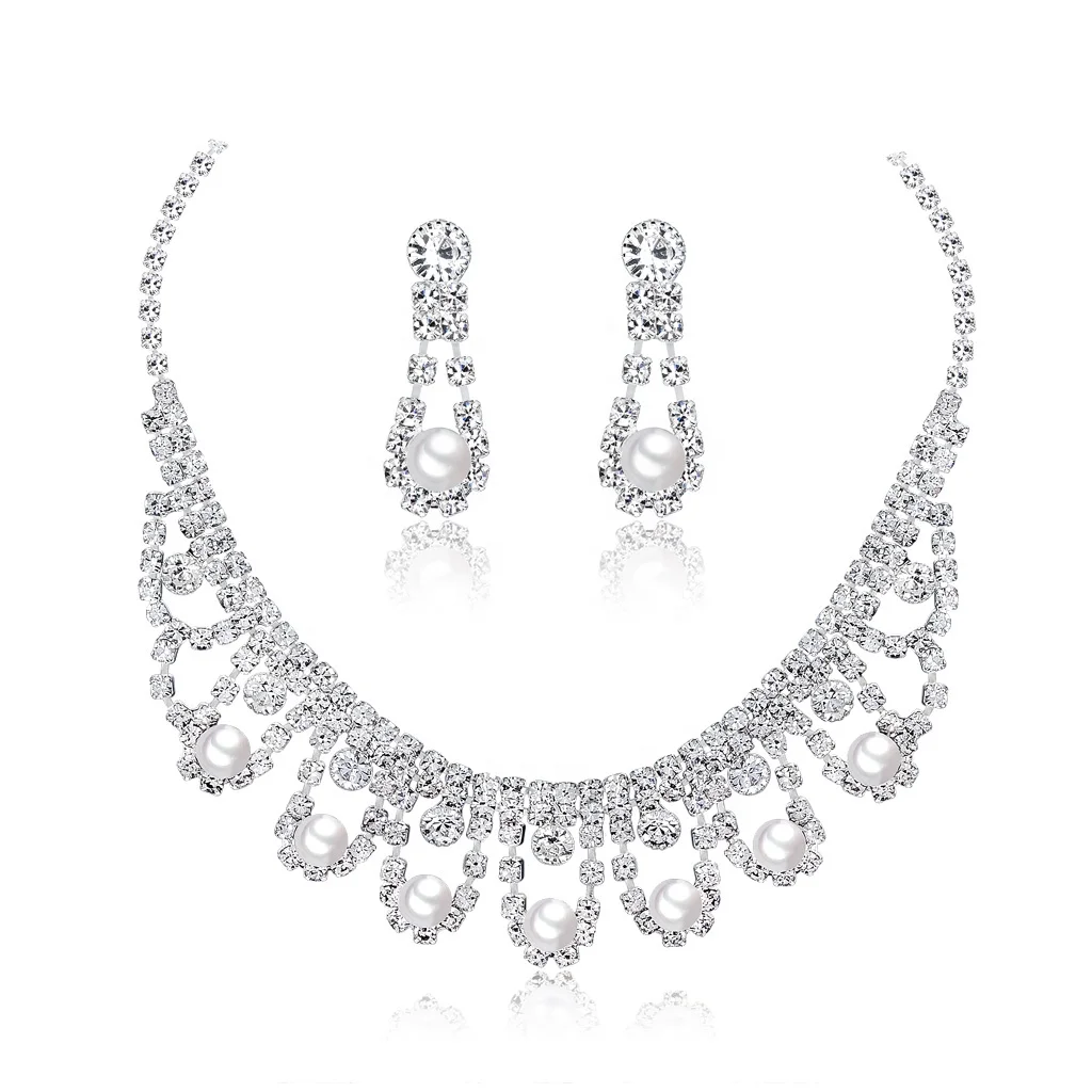 

The latest luxury ladies pearl rhinestone necklace earring set