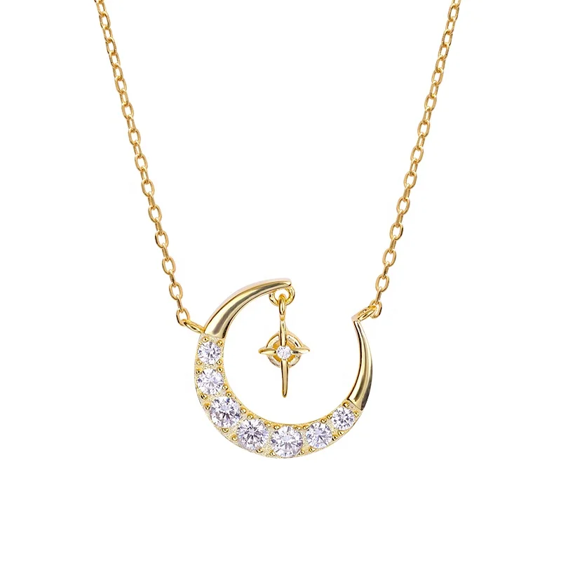 

New Hot Sale 925 Sterling Silver Girls Minimalist Jewelry 18K Gold Moon Sparkling Crescent Necklace