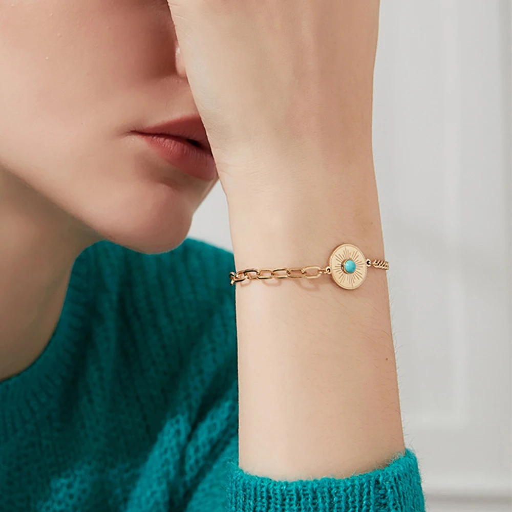 

Custom Minimalist Fashion Jewelry Gemstone Inlaid Turquoise Bangle Gold Stainless Steel Bracelet Women Chain Jewelry