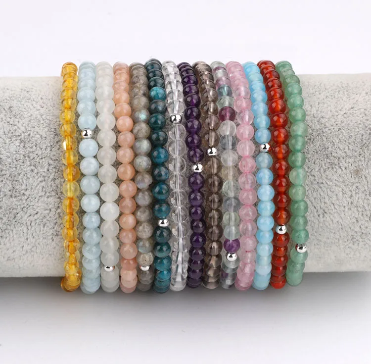 

New arrived high quality 4mm natural gemstone 925 sterling silver beads elastic bracelet for women