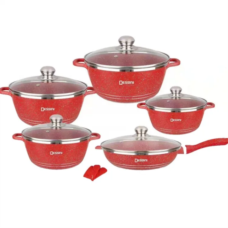 

Household kitchen supplies Marble Deep Pot Non-stick Coating Aluminium Casserole with Lid 12 PC cookware sets