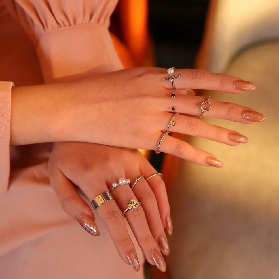 

10PCS Ins Popular Design 18k Gold Plated Crystal Rhinestone Ring Set Baroque Pearl Hollow Round Rings