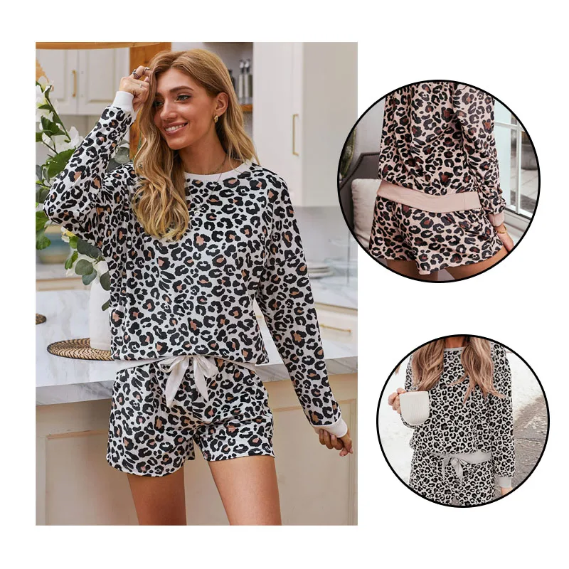 

High Quality 2021 New Arrive Home Wear Leopard Long Sleeve Shorts Pajamas Set, Customized color