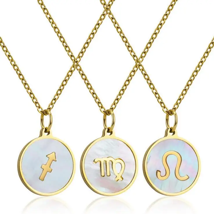 

shopify korean stainless steel zodiac female symbol astrology hawaiian jewelry shell pendant necklace gold plated, Gold,raw steel,