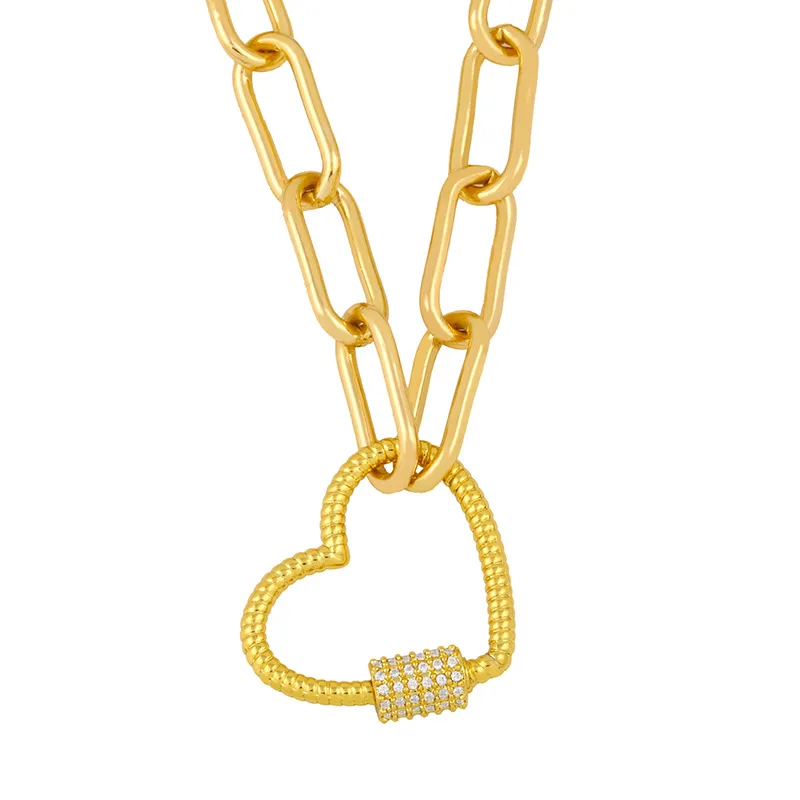 

Gold Plated Link Chain Heart Carabiner Lock Pendant Necklace Heart Shape Paved CZ Beads Clasps Necklace, Gold,silver