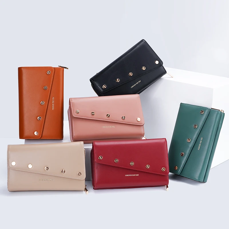 

2021 fashion factory wholesale small luxurry pu long wallet for woman shoulder bag with rivet purses