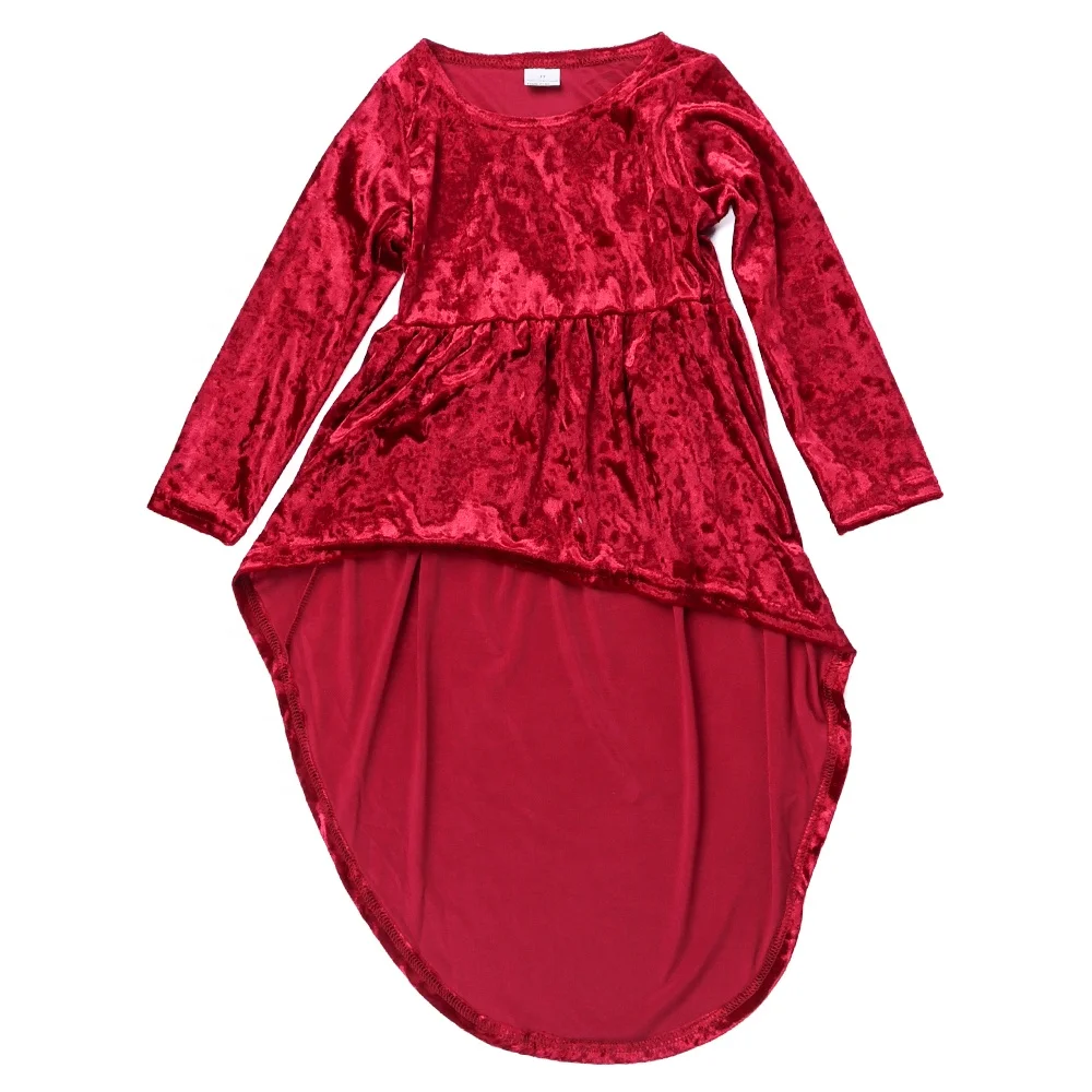 

New Arrival Spring Children Girls Boutique Long Sleeve Round Neck Solid Red High-Low Velvet Dresses