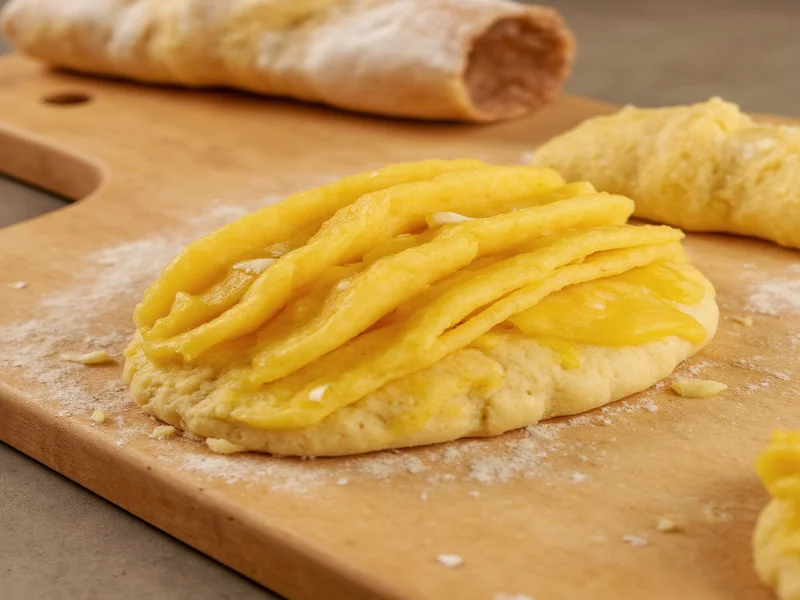 Croissant dough lamination process showing butter layers
