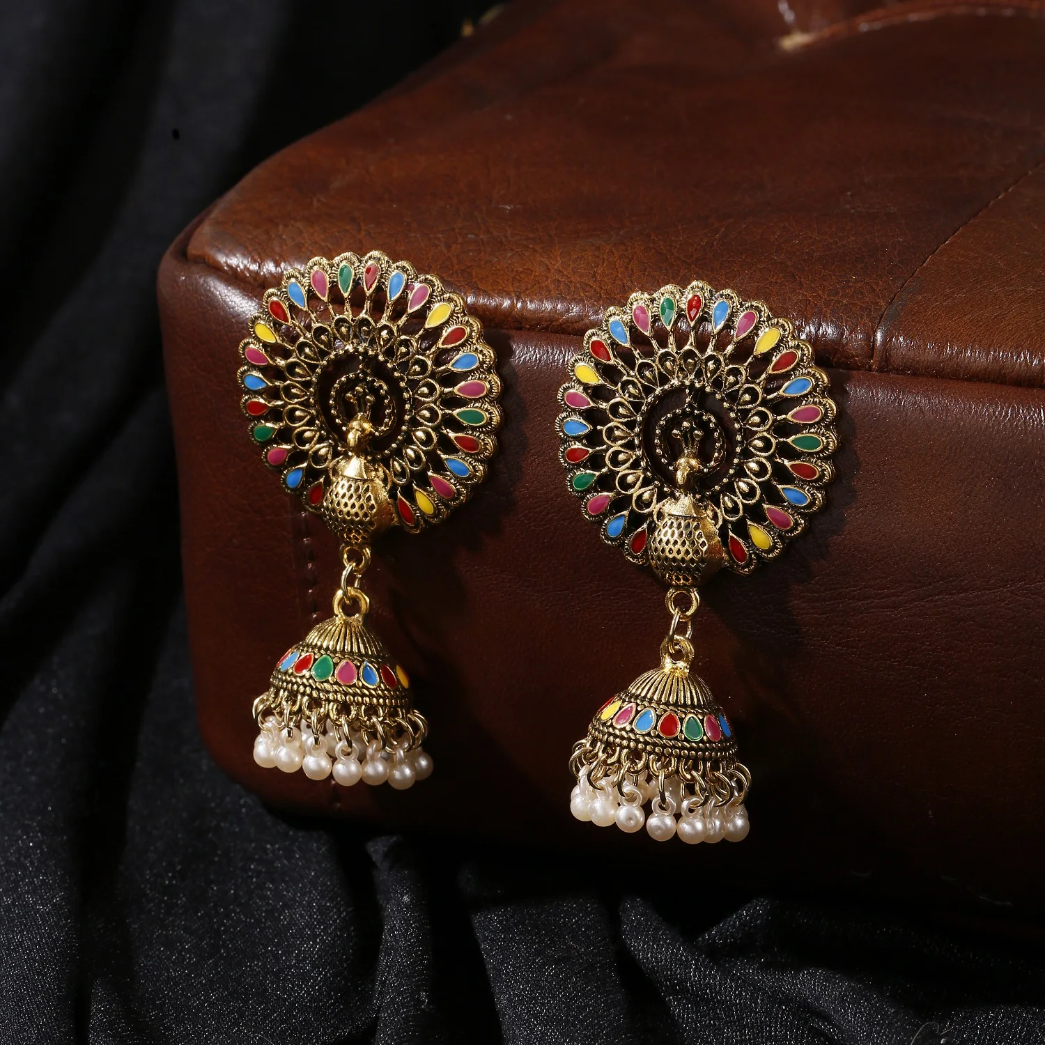 

Ethnic Peacock Indian Jewelry Set Vintage Bohemian Retro Pearl Tassel Bell Tibetan Earrings Rings Women Jewelry, Silver