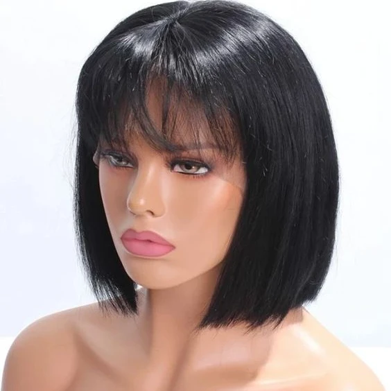 

Cheap human hair lace front wig with bangs bob cut natural black color frontal wig with bangs