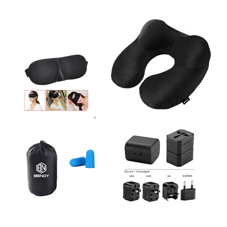 

Hot sale Amazon new customized travel adapter eye mask Inflatable airplane travel neck Pillow kit set