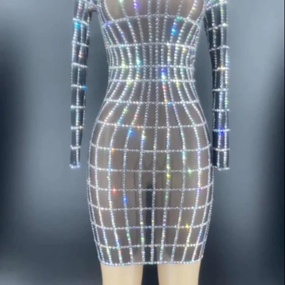 

New Mesh Silver Stones Transparent Dress Birthday Celebrate Outfit Bar Black Long Sleeves Dance Short Dress