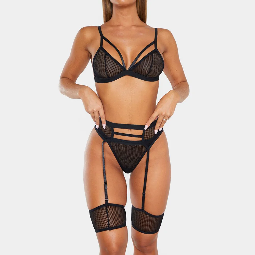 

New Design Garter Shoulder Strap Mesh Open Girls Sexy Lingerie 3 Pieces Women