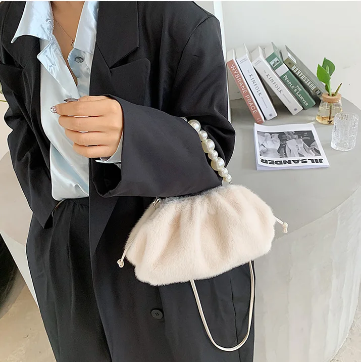 

Women Solid Color Leather Tote Shoulder Bag Casual Pearl Cloud Crossbody Handbag Fashion Exquisite Shopping Bag