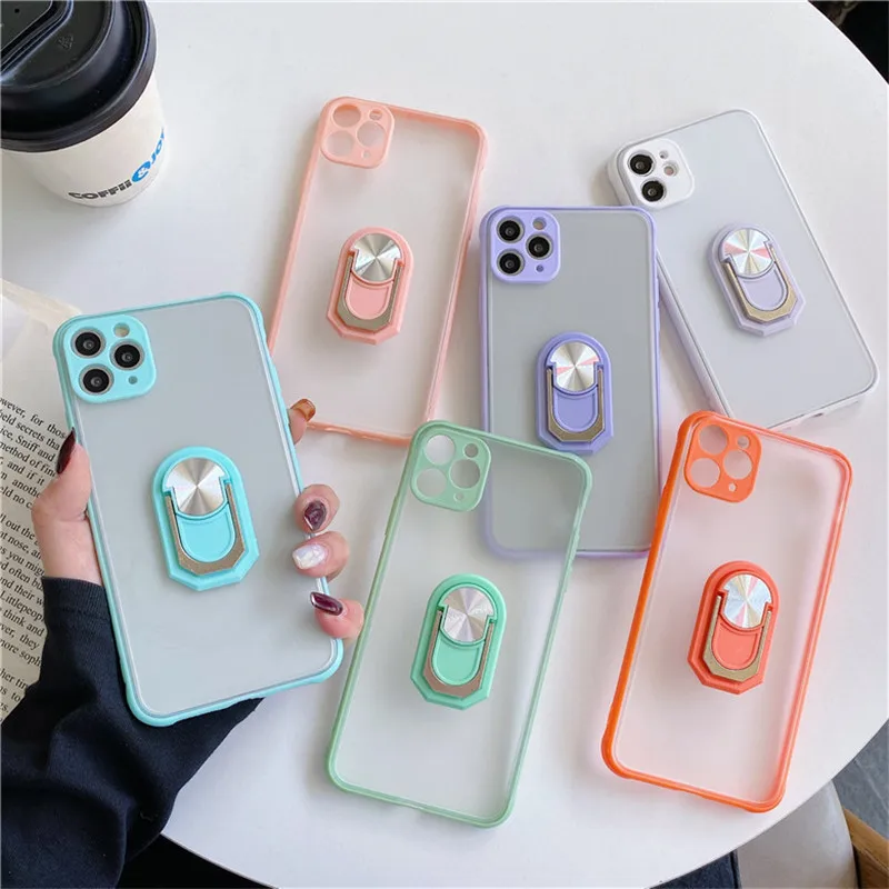 

New 2 In 1 Big Ring Holder Candy Color Phone Cases For Iphone 12 Pro Max 8 7 6 Plus Transparent Shockproof TPU Mobile Back Cover