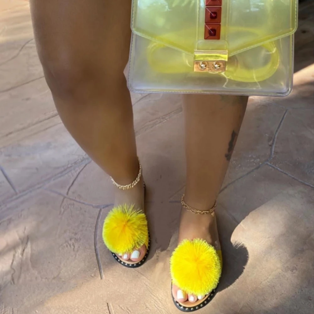 

2021 Blue and Yellow Faux Fur Slippers Slides Cute Plush Furry Slides for Women Female Shoes Lady Pantoffels Dames Pantuflas, 3 colors