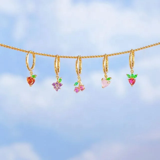 

2021 New Summer Hot 18k Gold Filled CZ Fruit Grape Apple peach Cherry Charm Hoop Earrings Girl's Cute Small Hoop Earring, Gold and silver