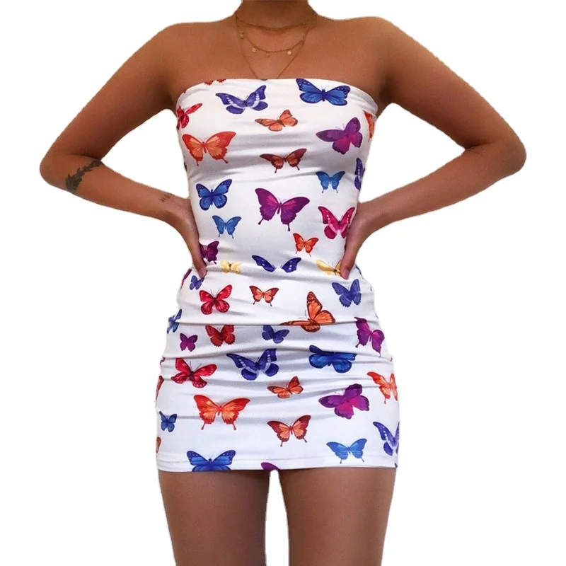 

2021 Sexy Clothing Clothes Night Club Butterfly Print Tie Mini Spaghetti Slip Summer Casual Dresses Lady Women Dress