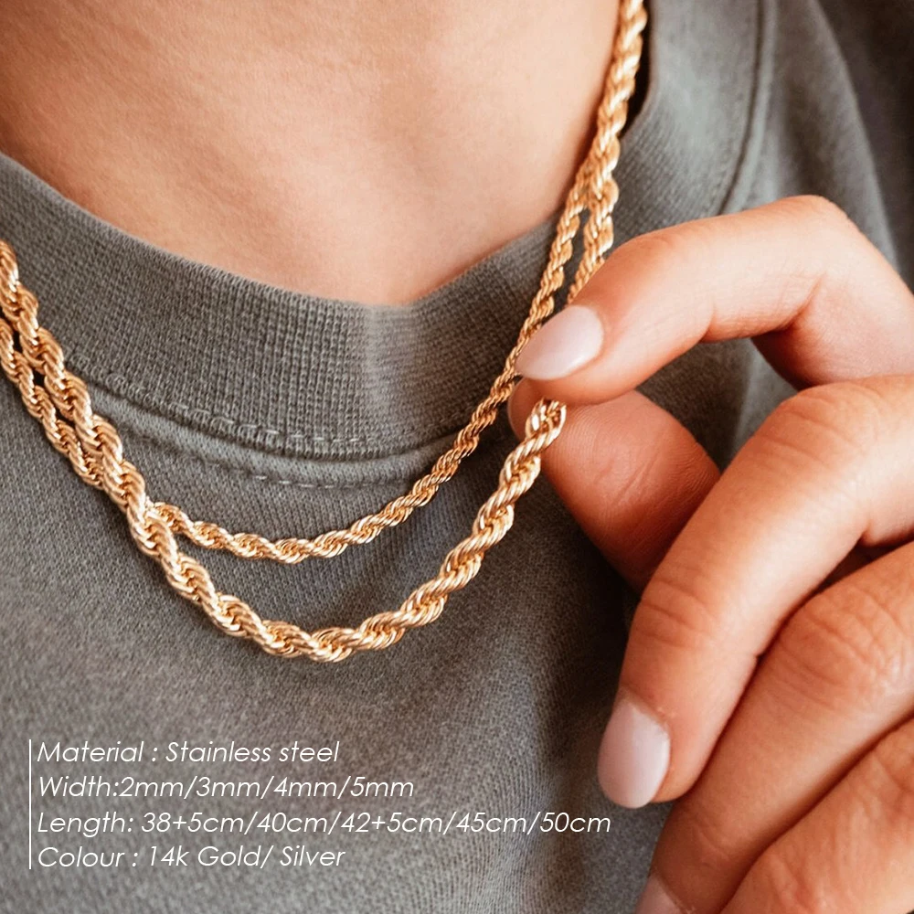 EManco 3MM/4MM Twisted Rope Chains Gold Plated Rope Link Chain Necklace for Men Women 316L Stainless Steel Jewelry Wholesale