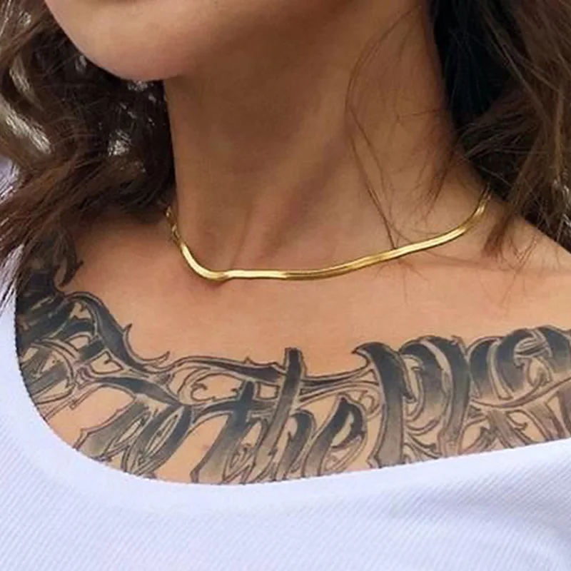 

Stainless steel flat snake chain round 14k gold necklace