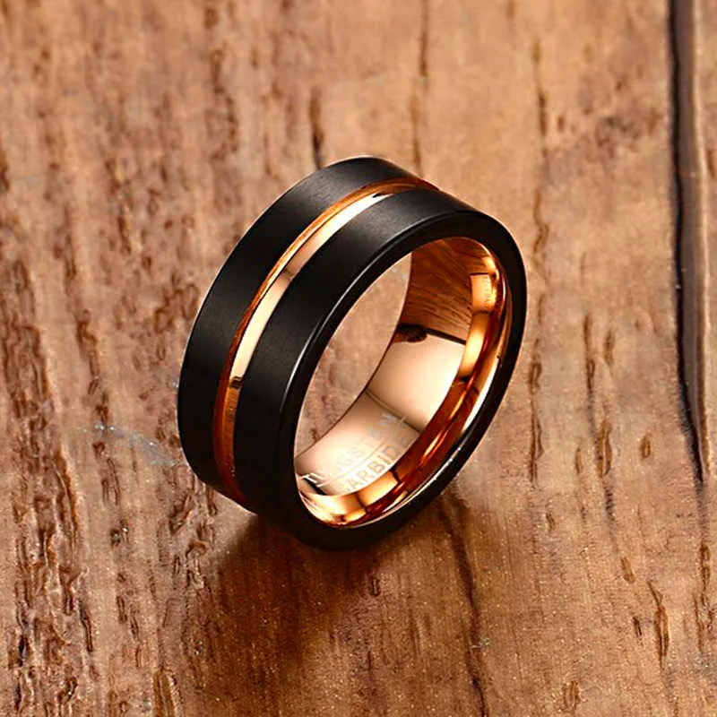 

Mens Tungsten Black Brushed Tungsten Carbide Ring Rose Gold-color Inlay Groove Flat Cut Edge Men Wedding Rings Male Jewelry