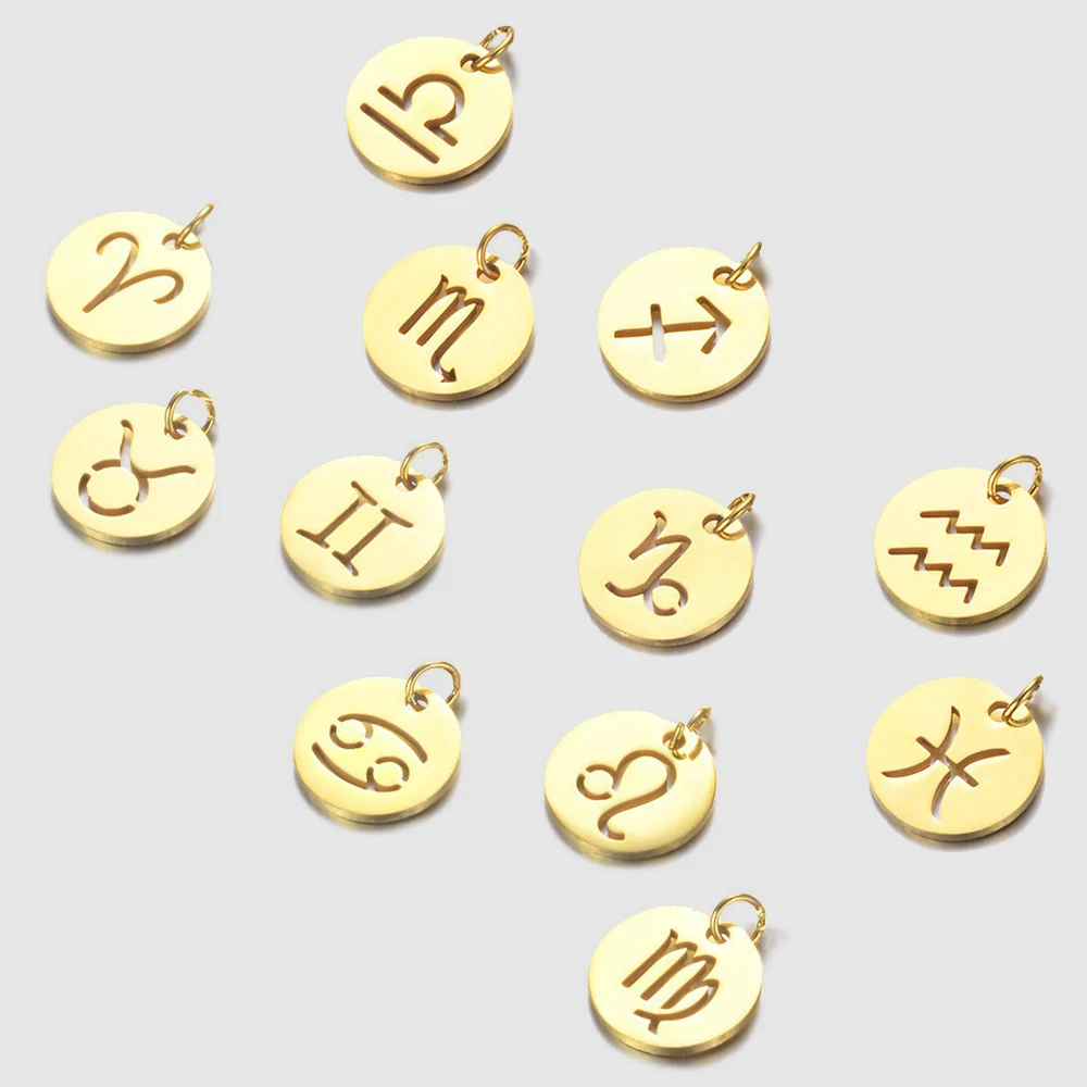 

Horoscope Jewelry Customized 14K Gold Plated Stainless Steel Pendant Disc Charms Hollow 12 Zodiac Sign Charms for DIY Necklace, Silver/gold/rose gold