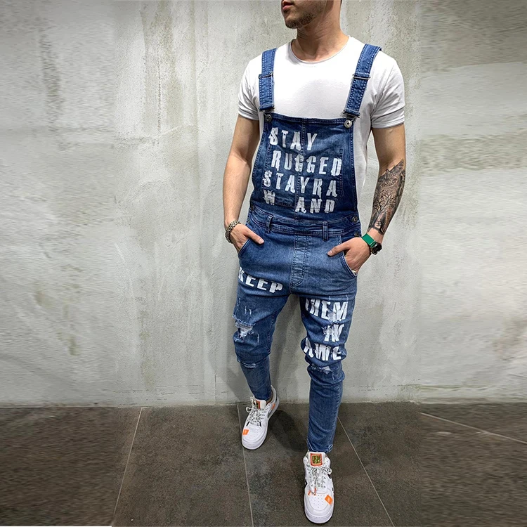 

New Arrival Men Full Length Overalls Printed Plus Size American Style Jean Denim Jumpsuits, Faded color