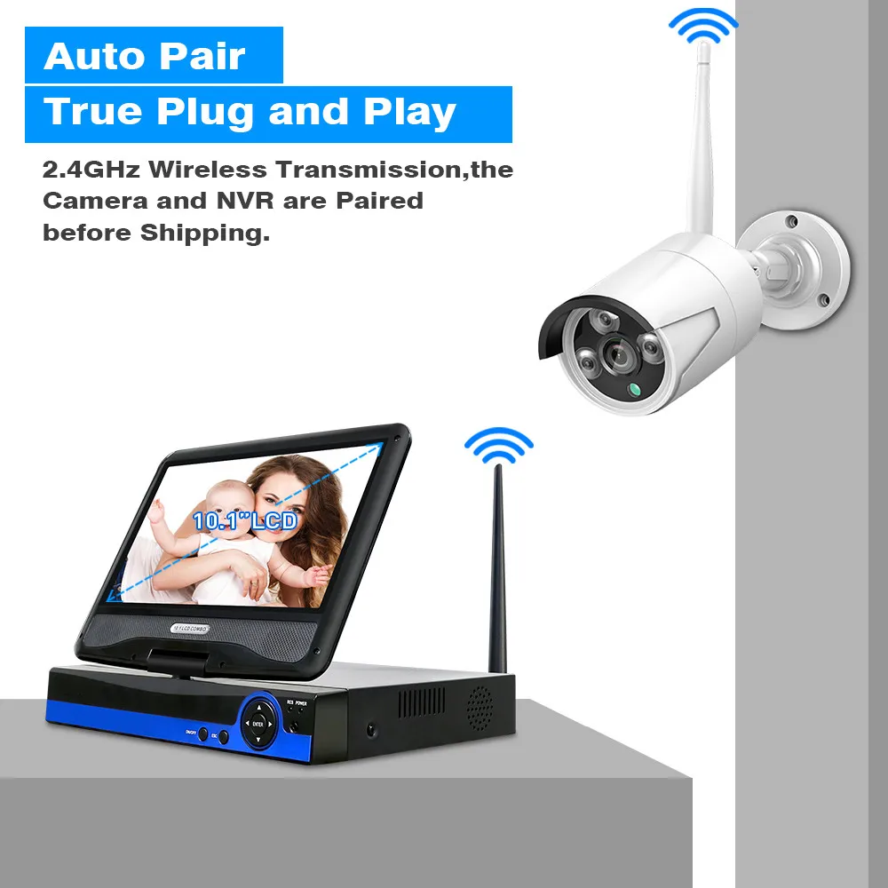 4CH  720P 10.1 inch HD Lcd Screen Mornitor Wireless NVR Kit Security System Wifi Ip Kit
