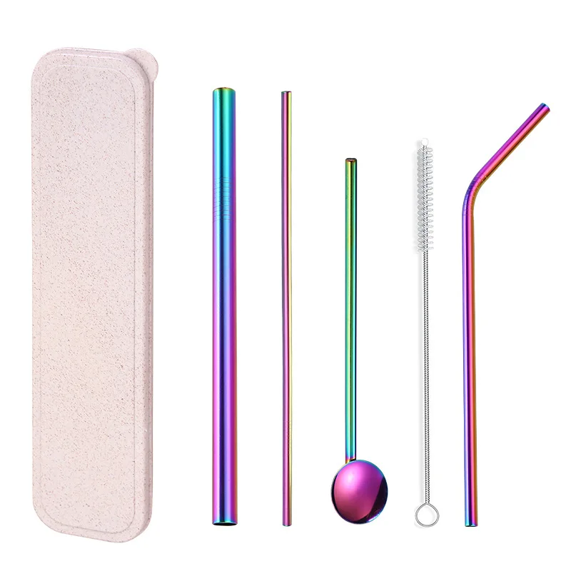 FDA Approved Reusable Straw Custom Logo Drinking Boba Straw Set Stainless Steel Metal Straw