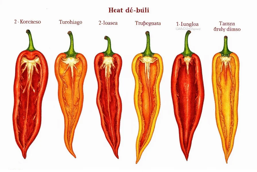 Scientific illustration showing cross-sections of different chili pepper varieties with labeled parts and heat distribution patterns