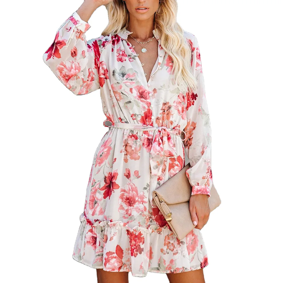 

Stylish Clothing OL Bodycon Long Sleeve Mini High Waisted A Line Ruffle Floral Casual Dresses Women Lady Elegant, Pic