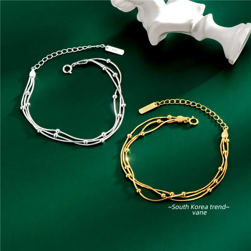 

Korean Vintage Gold Silver Multilayer Metal Beads Round Snake Chain Bracelet No Tarnish 925 Sterling Silver Bracelet