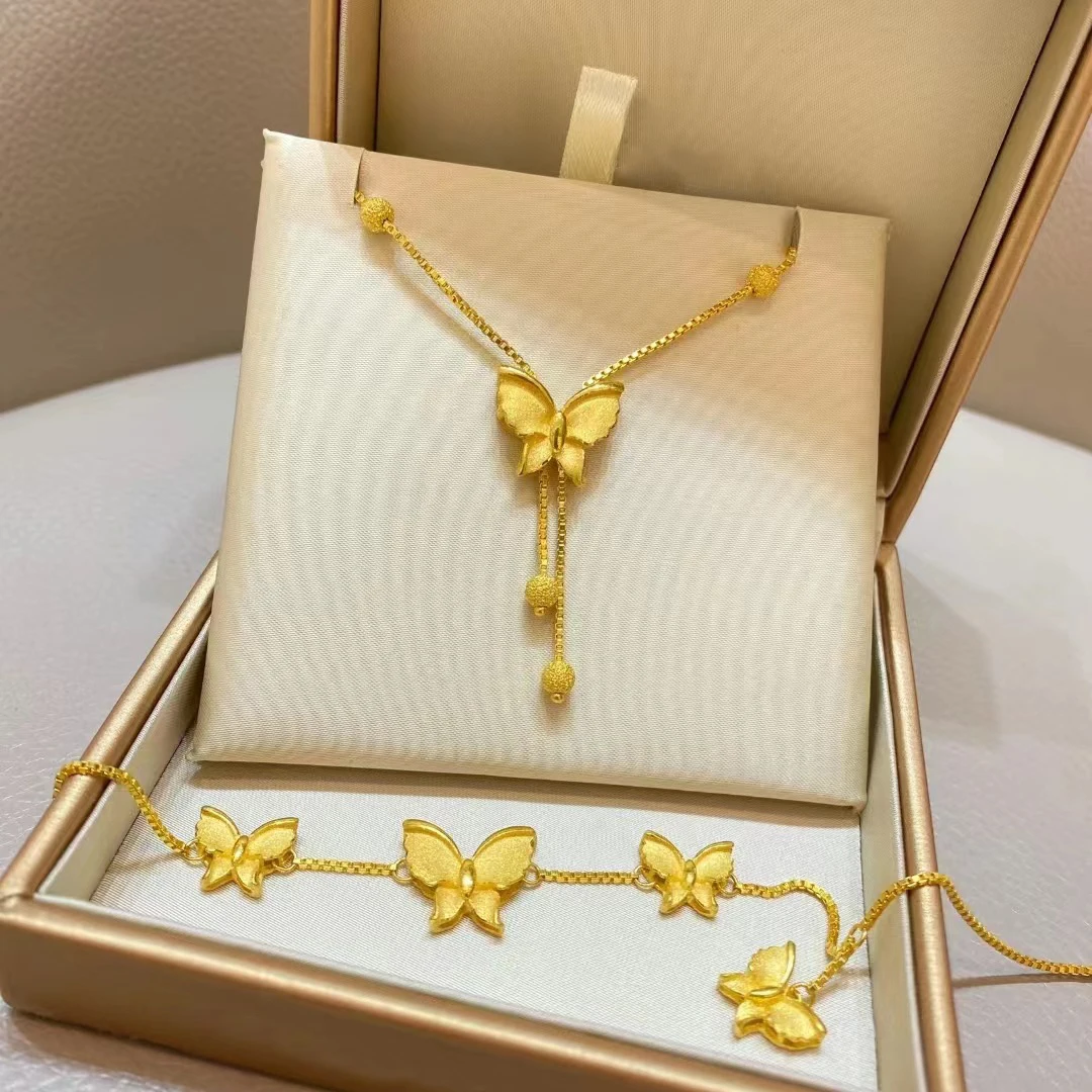 

New 3D Long Tassel Butterfly Pendant Necklace Bracelet Stereoscopic Yellow Gold Clavicle Chain Necklace for Women Jewelry set