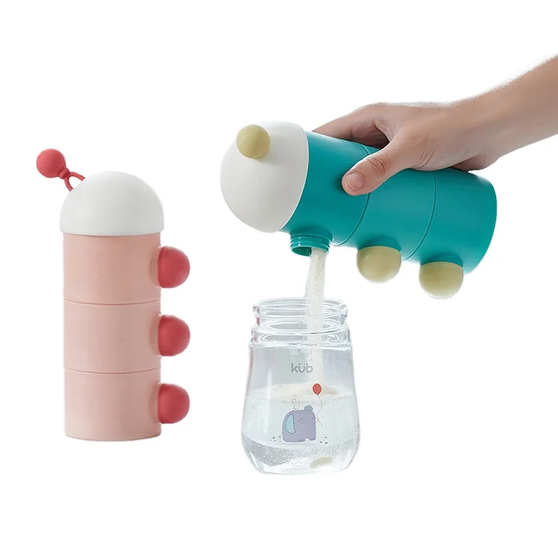 

KUB cute mushroom portable airtight travel infant formula dispenser baby food storage compartment grid box milk powder container, Green, pink