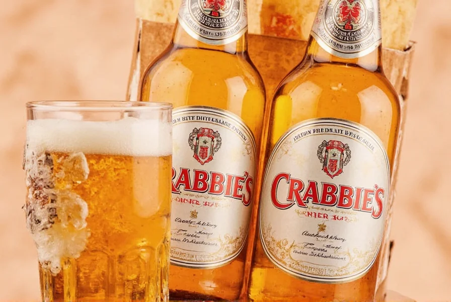 Close-up of Crabbie's ginger beer bottle showing amber liquid and condensation