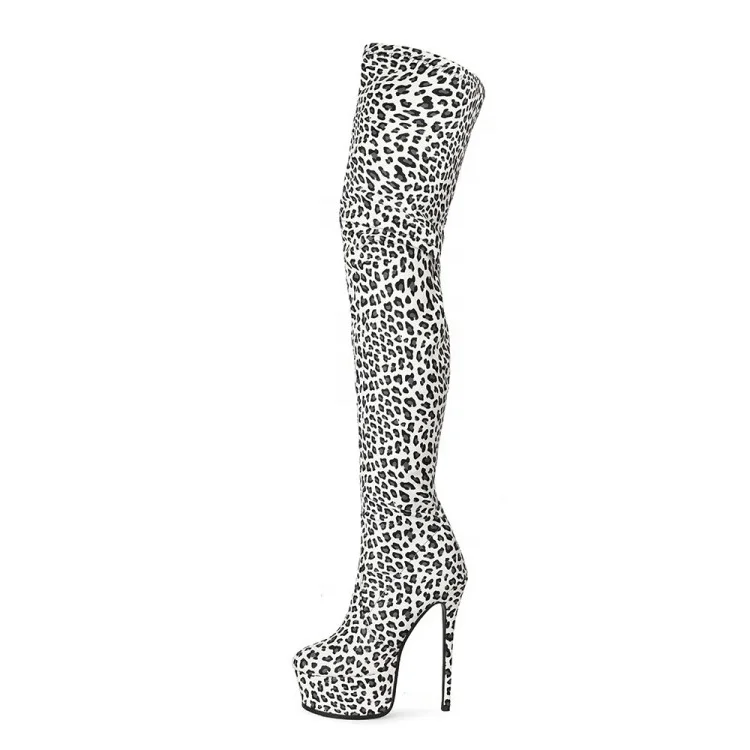 

Cheetah Print Platform Women Over Knee High Boots Thigh High Side Zipper Boots for Women Big Size 45 High Thin Heel Long Booties, White