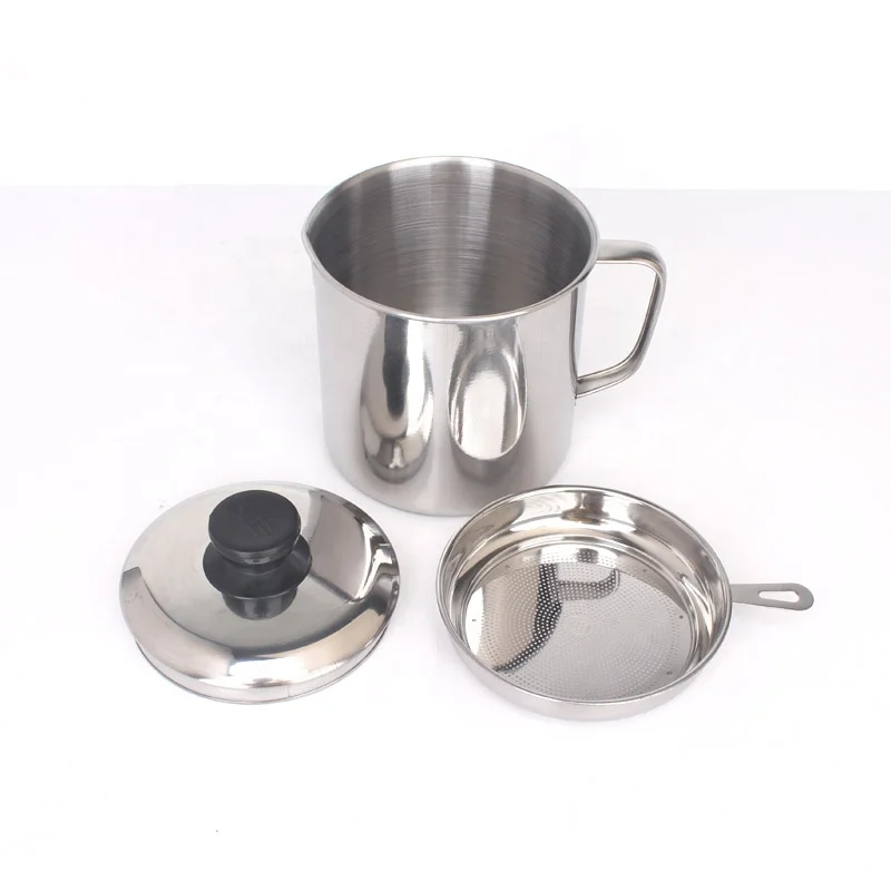 

304 Stainless steel oil drain cup separator kitchen filter oil cup oil pot with lid and strainer, Natural