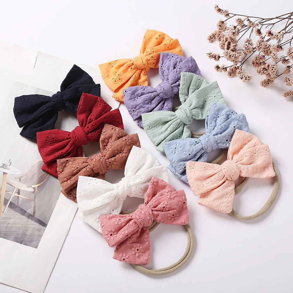

Solid Embroidery Hair Bow Headband For Baby Girl Hollow Boutique Elastic Nylon Bands Children Princess Accessories