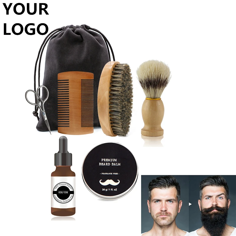 Private Label Beard Wooden Comb Wood Brush Boar Bristle Mens Grooming Kit Gift Set