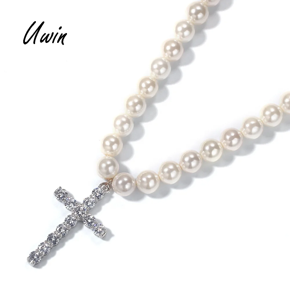 

Single Strand Pearl Necklace 18inch Choker with CZ Cross Pendant Women Mens Party Wholesale Price Hip Hop Jewelry, White, silver color cross pendant