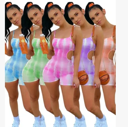 

L2141 Wholesale summer skinny strap sleeveless rompers womens jumpsuit cut out onesie for women tie dye one piece jumpsuit