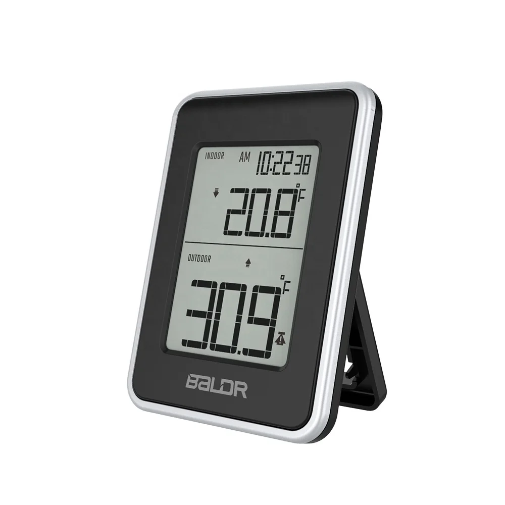 

BALDR B0139 Indoor Outdoor Wireless Digital Thermometer Clock With Alert Monitor Alarm Function, White black