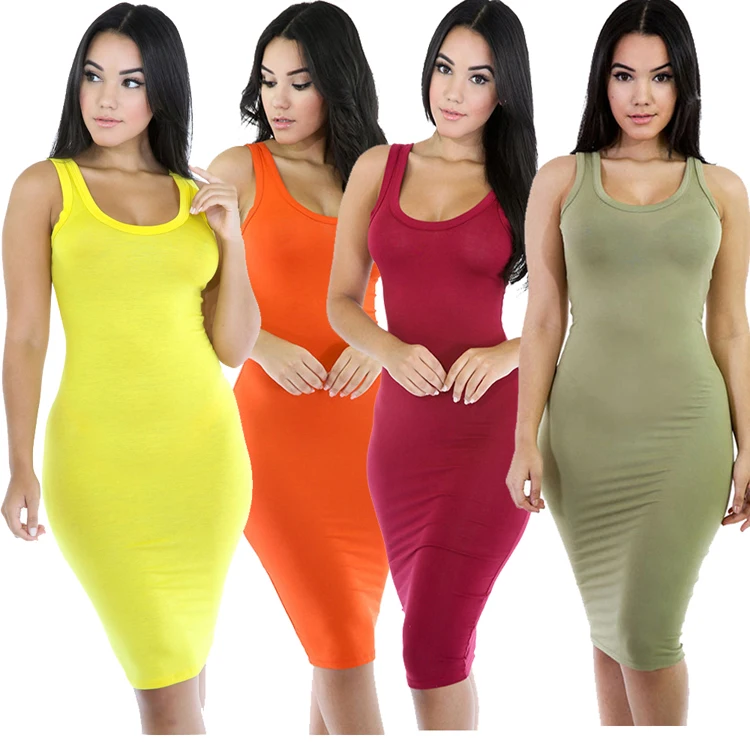 

Cheap Summer Plain Color Sleeveless Bodycon Women Sundress Tank Top Pencil Casual Dresses, Picture